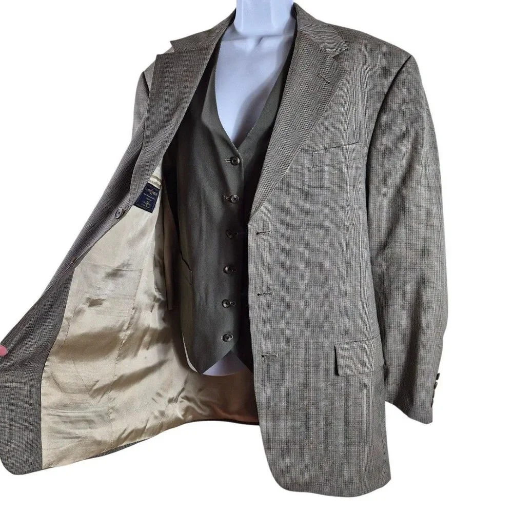 Vtg Tommy Hilfiger 42L Brown Houndstooth 3Pc Suit Set Old Money Academia Wedding